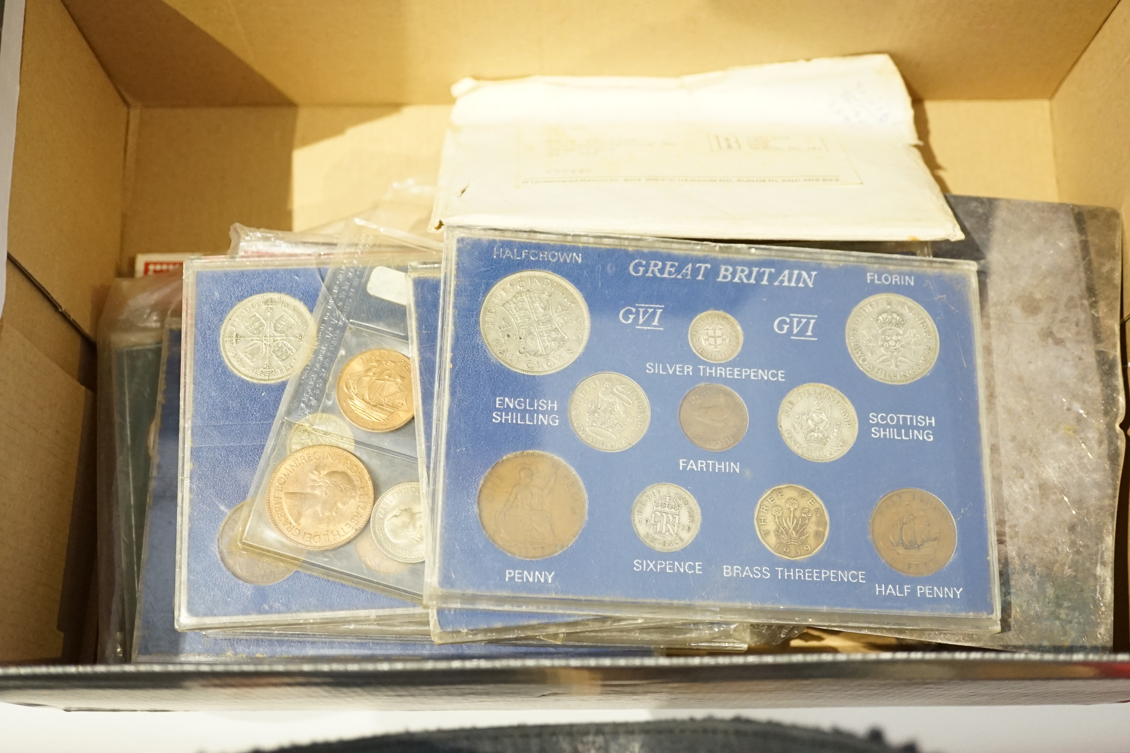 British coins, specimen sets; George V 1935 halfcrown to farthing, 1936 halfcrown to farthing, VF or better, George VI 1939 halfcrown to farthing, fine or better, 1944 halfcrown to farthing, VF or better and Elizabeth II